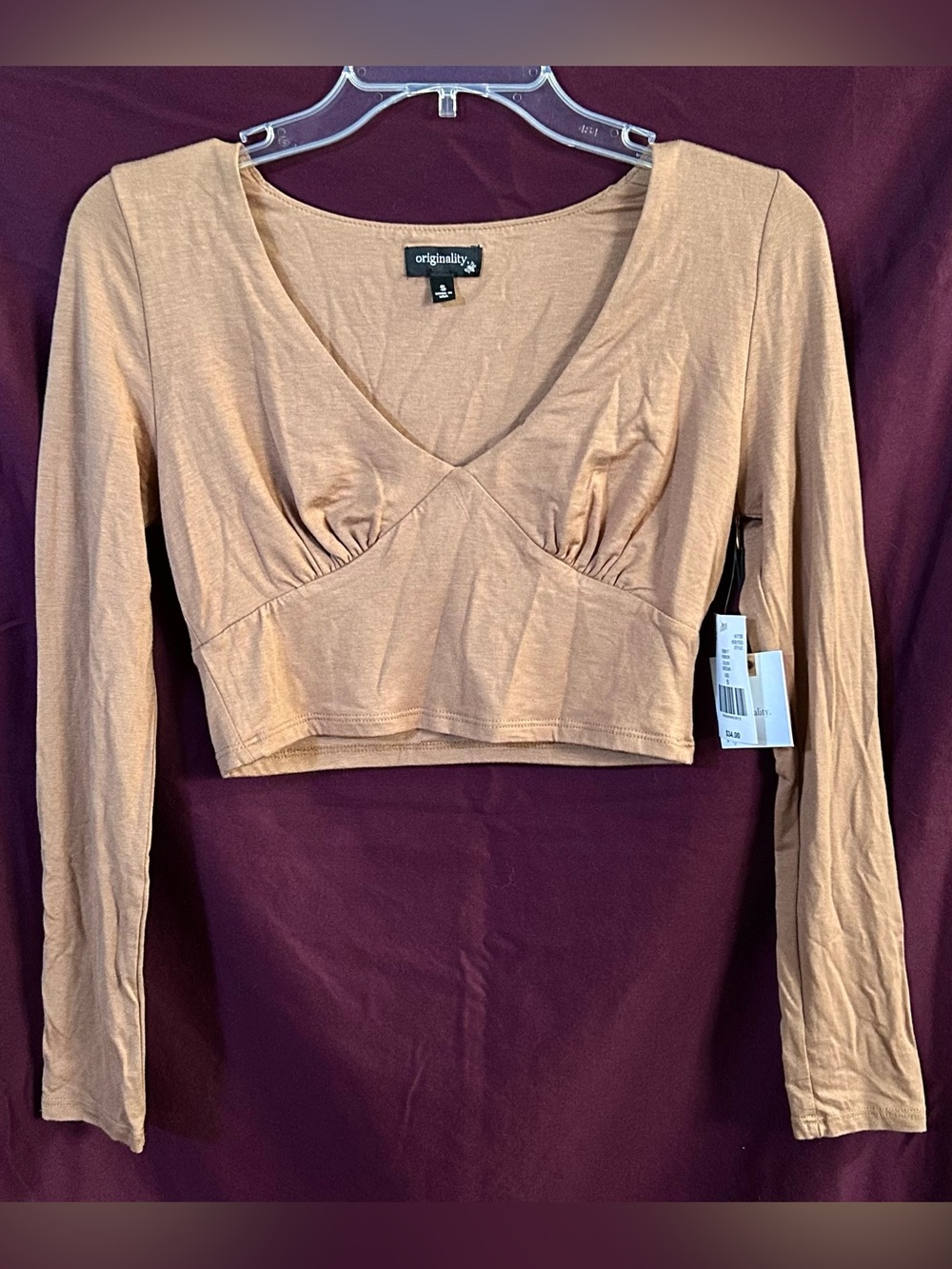 Originality Tan Long-Sleeve V-Neck Crop Top